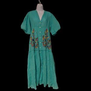 Anouk Grenwal Sangria Button Turquoise Tiered Pockets Birds Embroidery L  NWT